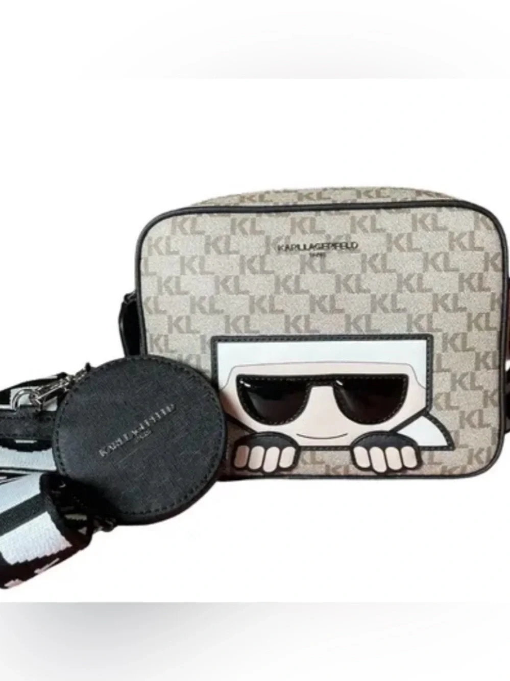 New Karl Lagerfeld Beige KL Monogram Crossbody Bag with Removable Coin Pouch